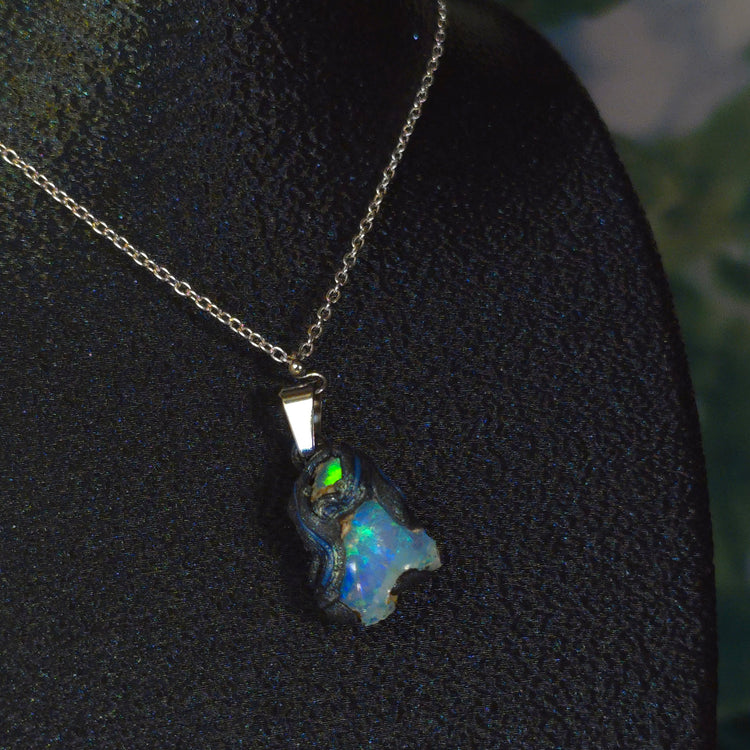 Opal Necklace — Green & Blue Fire on Blue Body
